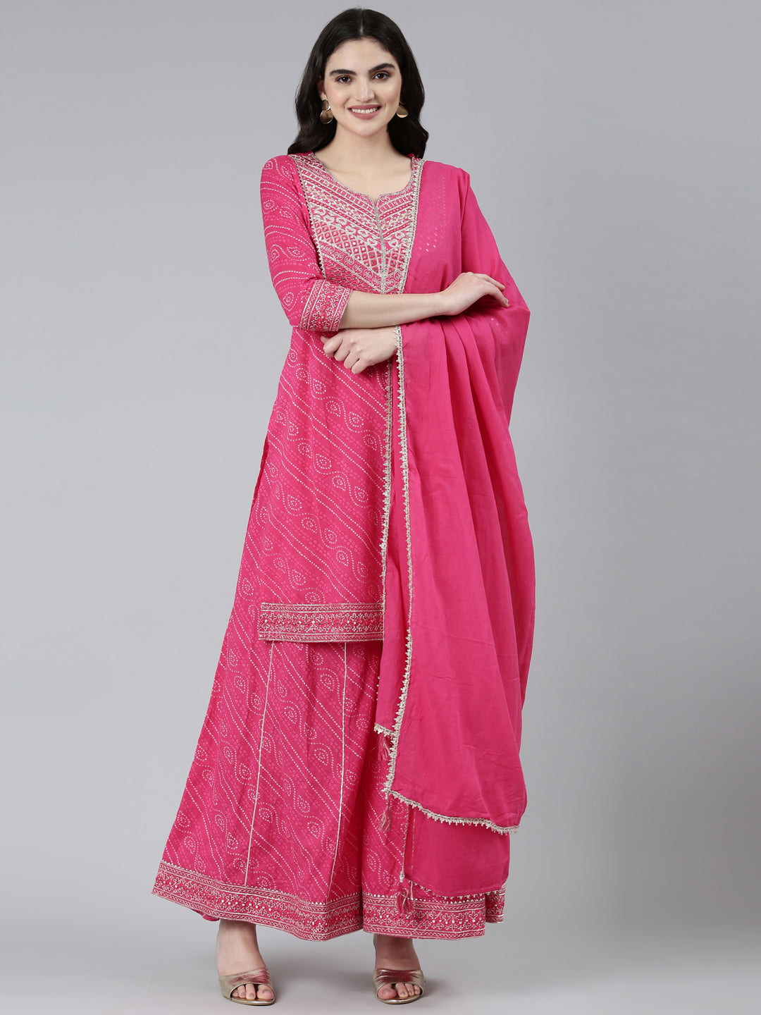 Neerus Pink Regular Straight Bandhani Kurta Sets And Palazzos With Dupatta