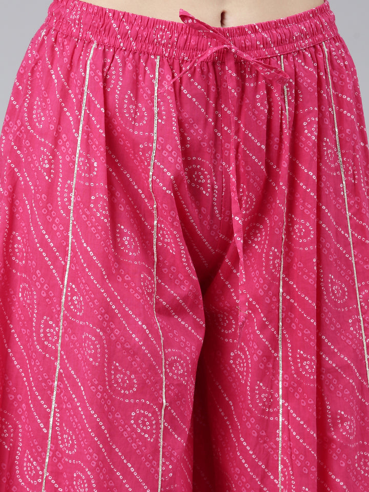 Neerus Pink Regular Straight Bandhani Kurta Sets And Palazzos With Dupatta