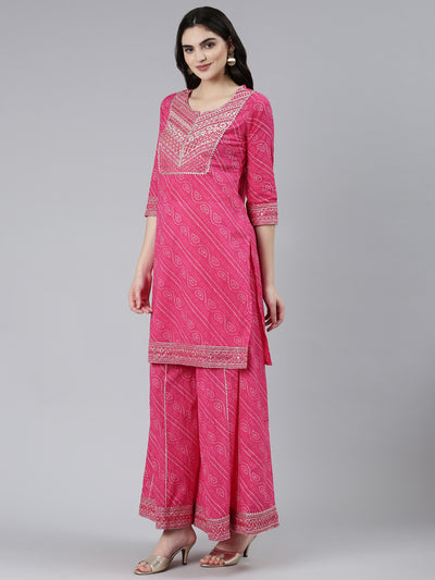 Neeru's Pink Regular Straight Bandhani Kurta Sets And Palazzos With Dupatta