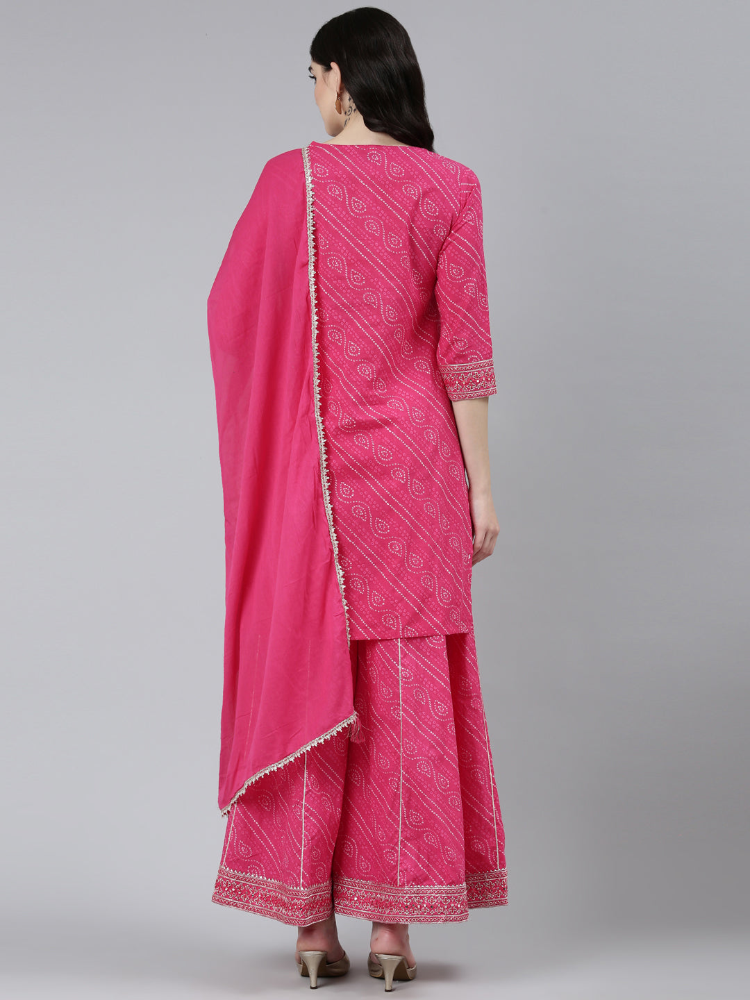 Neerus Pink Regular Straight Bandhani Kurta Sets And Palazzos With Dupatta