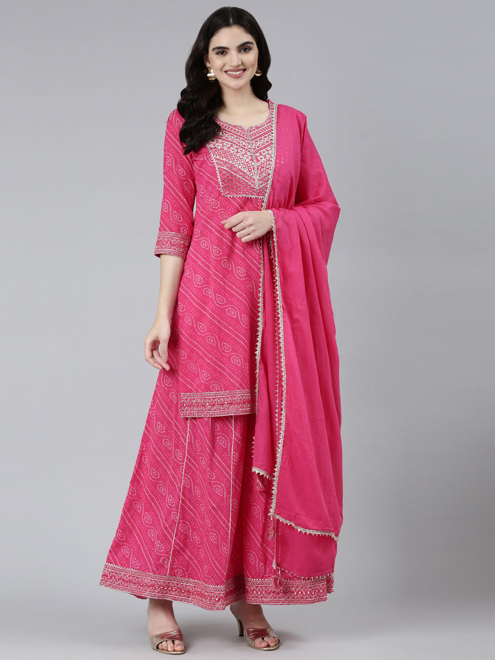 Neerus Pink Regular Straight Bandhani Kurta Sets And Palazzos With Dupatta