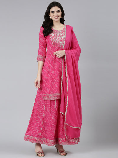 Neeru's Pink Regular Straight Bandhani Kurta Sets And Palazzos With Dupatta