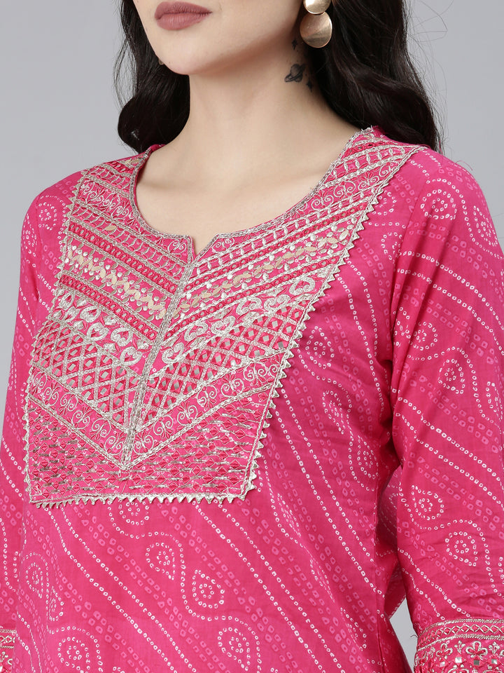Neerus Pink Regular Straight Bandhani Kurta Sets And Palazzos With Dupatta