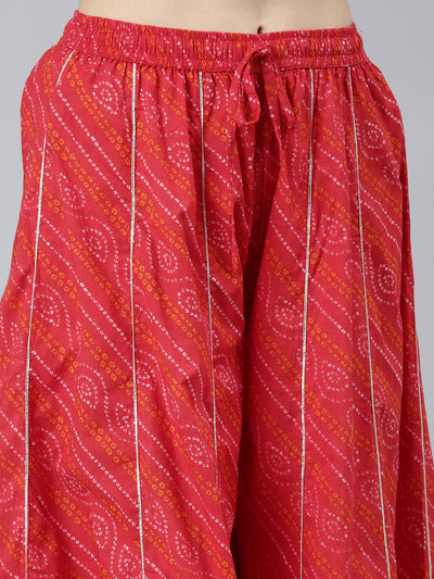Neeru's Red Regular Straight Bandhani Kurta Sets And Palazzos With Dupatta