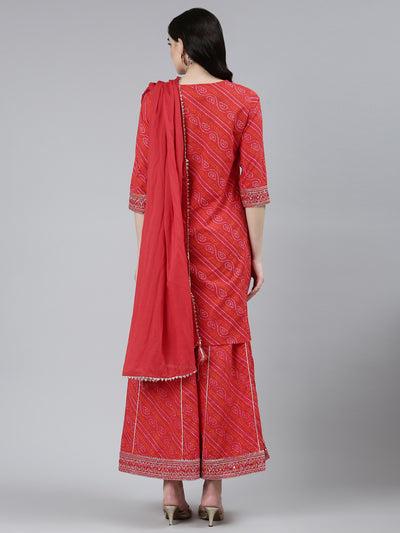 Neeru's Red Regular Straight Bandhani Kurta Sets And Palazzos With Dupatta