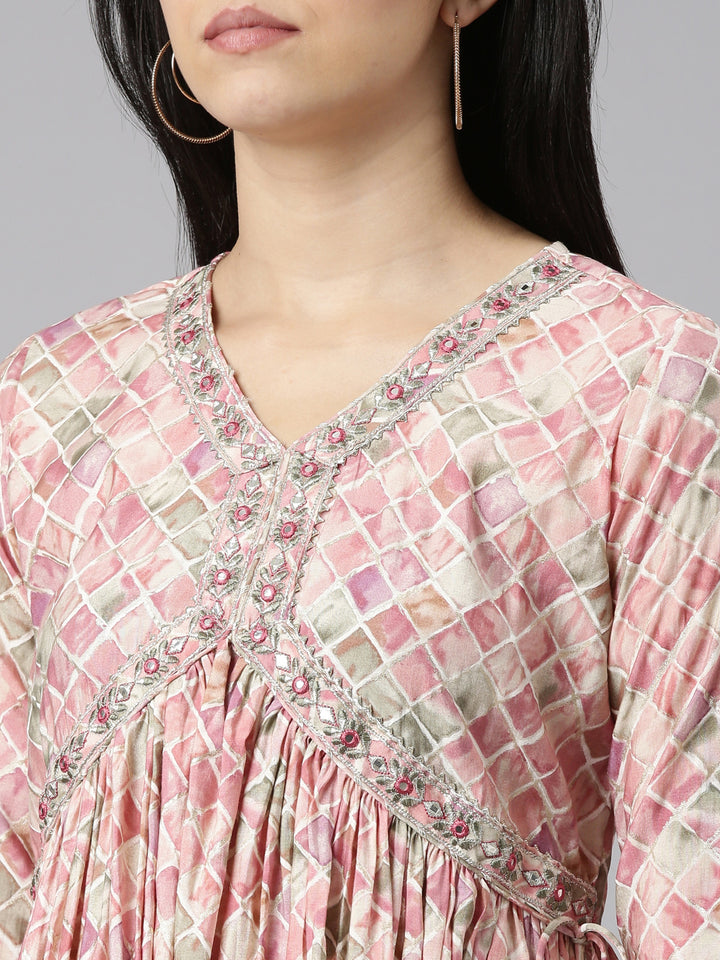 Neerus Pink printed straight sharara set kurta with dupatta - detail view 1