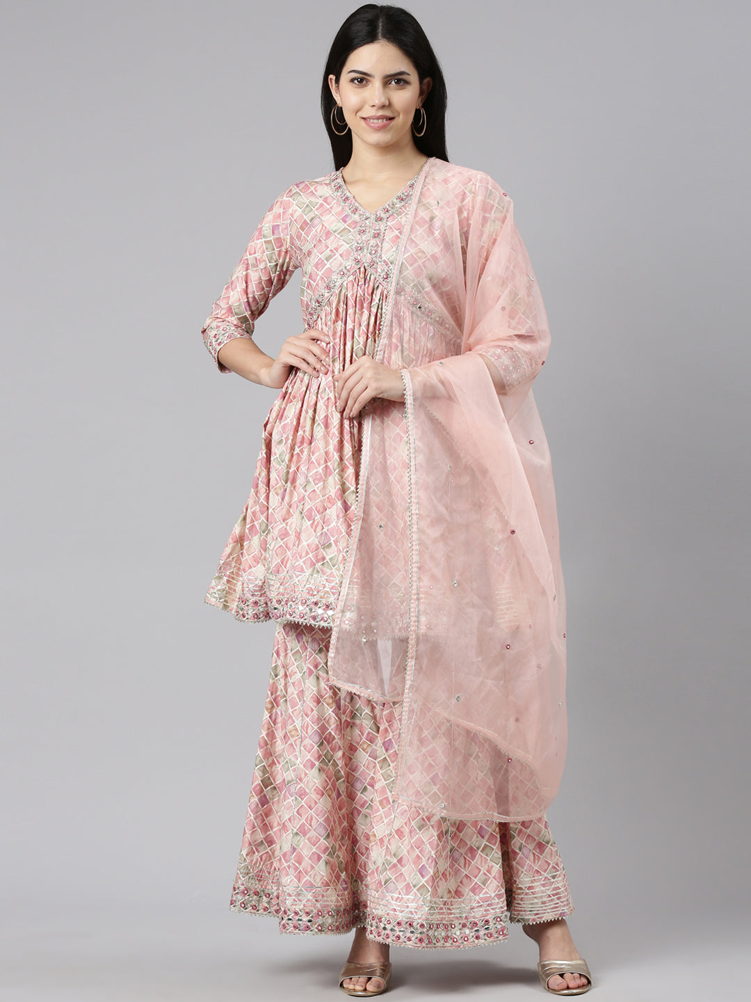 Neerus Pink Pleated Straight Printed Kurta And Sharara With Dupatta