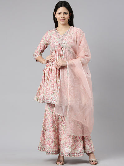 Neerus Pink Pleated Straight Printed Kurta And Sharara With Dupatta