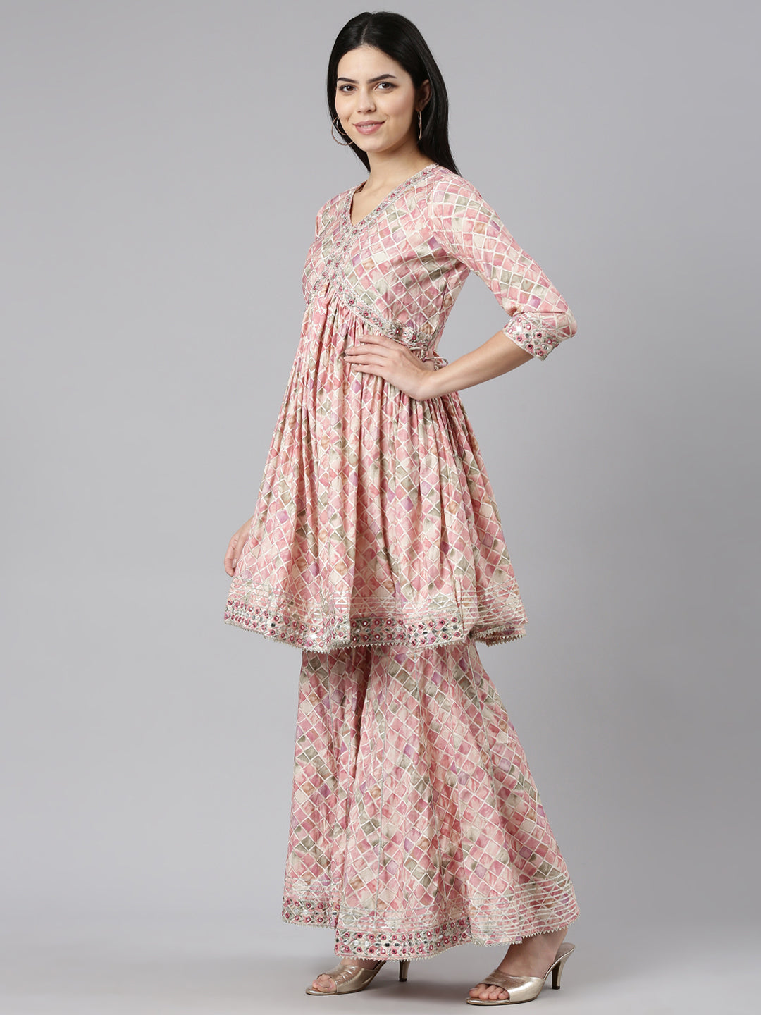 Neerus Pink printed straight sharara set kurta with dupatta - back view