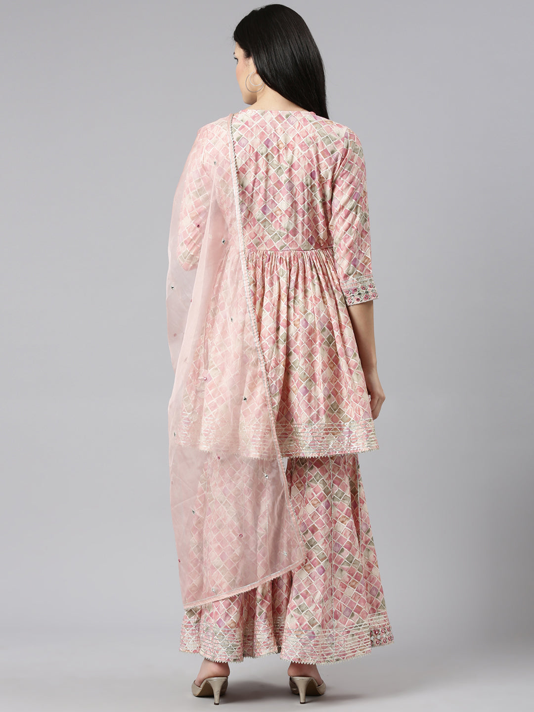 Neerus Pink Pleated Straight Printed Kurta And Sharara With Dupatta