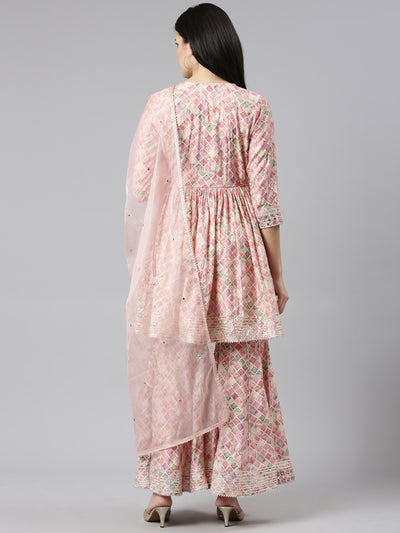 Neerus Pink Pleated Straight Printed Kurta And Sharara With Dupatta