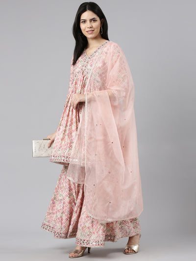 Neerus Pink Pleated Straight Printed Kurta And Sharara With Dupatta
