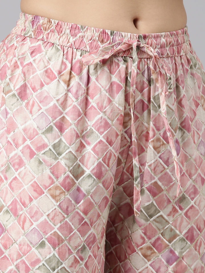 Neerus Pink printed straight sharara set kurta with dupatta - detail view 3