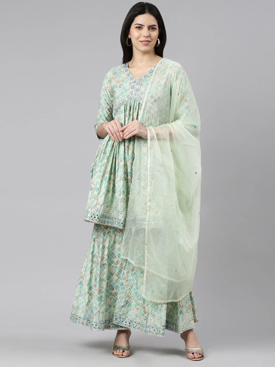 Neerus Green printed sharara set kurta with dupatta - front view