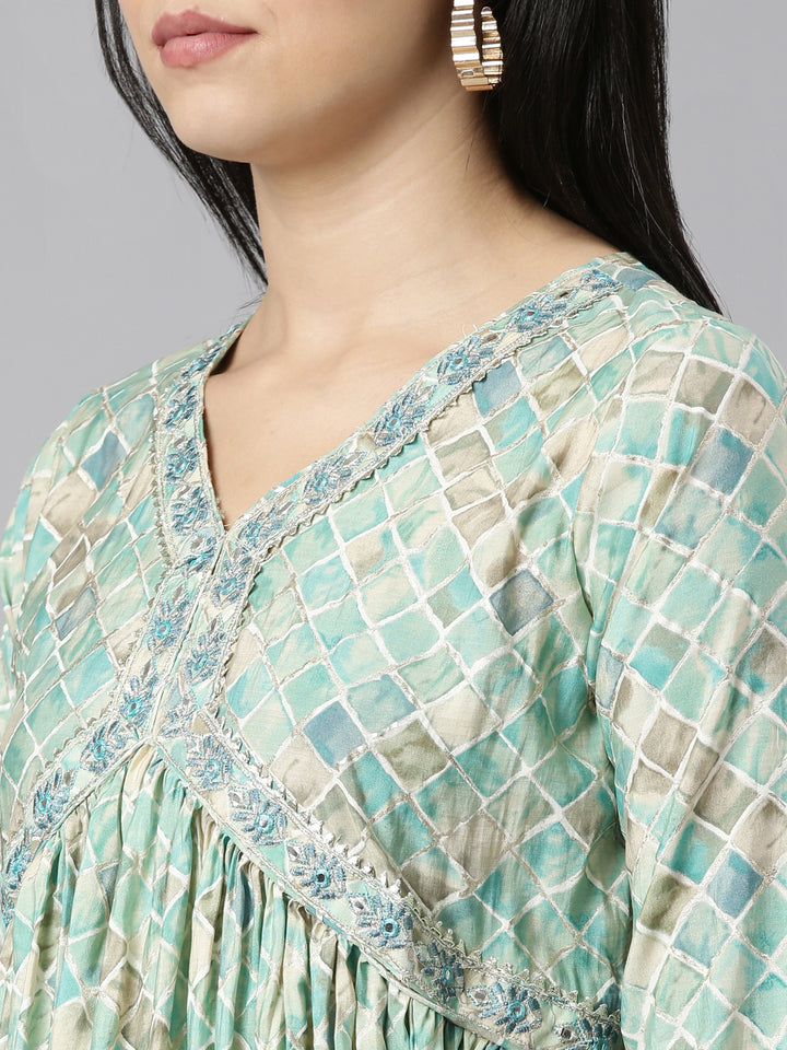 Neerus Green printed sharara set kurta with dupatta - detail view 1