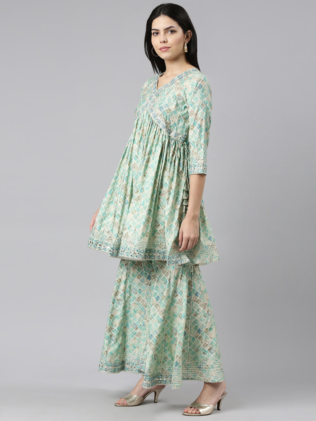 Neerus Green printed sharara set kurta with dupatta - back view