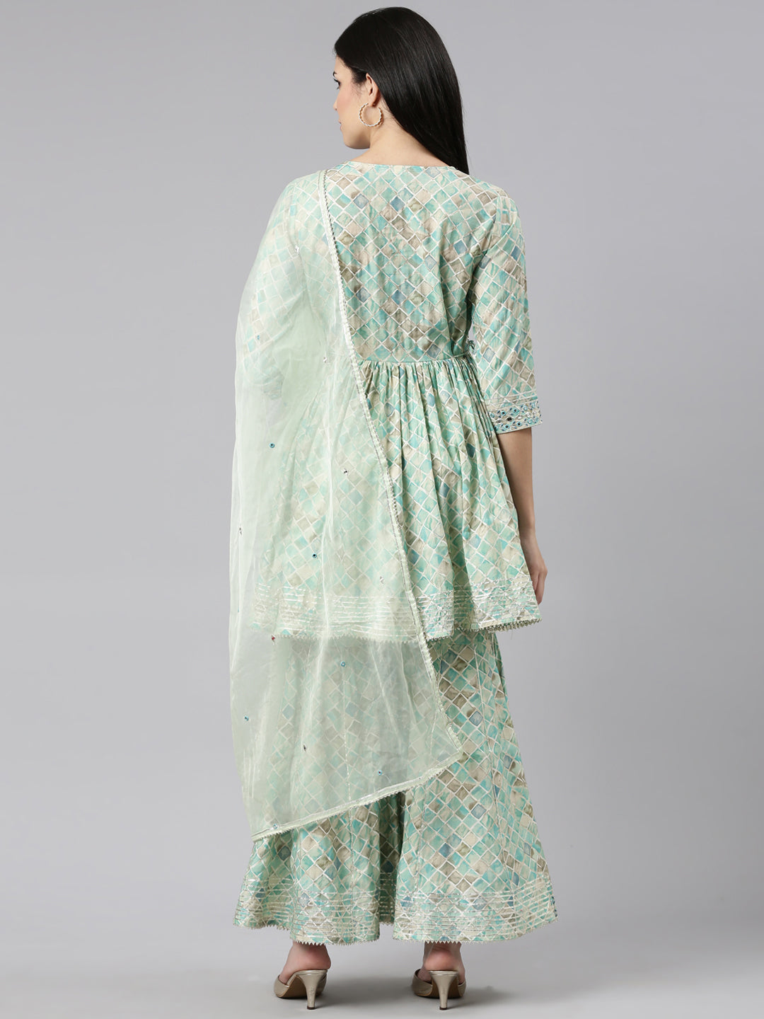 Neerus Green printed sharara set kurta with dupatta - side view