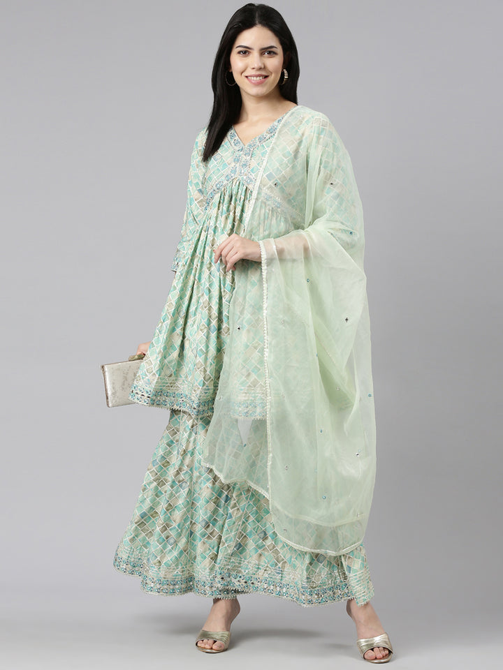 Neerus Green printed sharara set kurta with dupatta - detail view 2