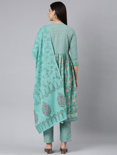 Neerus Sea Green Regular Straight Floral Readymade suits