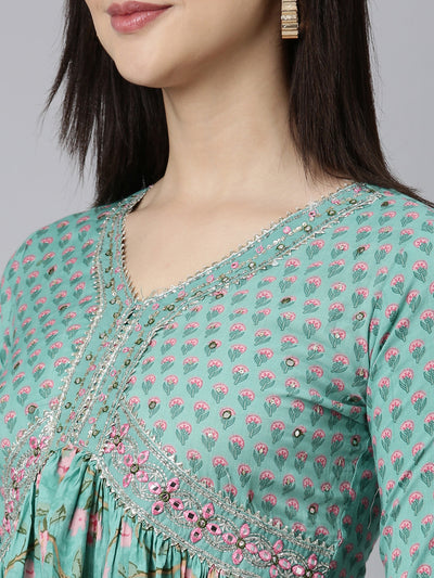 Neerus Sea Green Regular Straight Floral Readymade suits