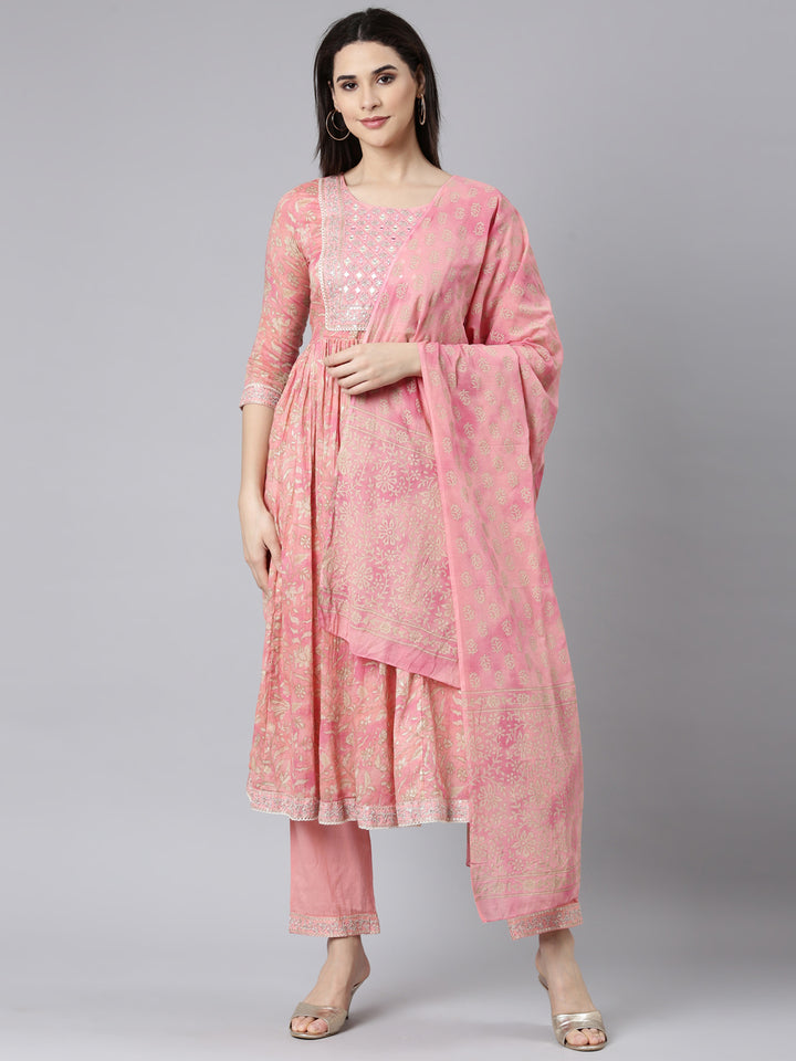 Neerus Pink floral printed straight suit set - front view