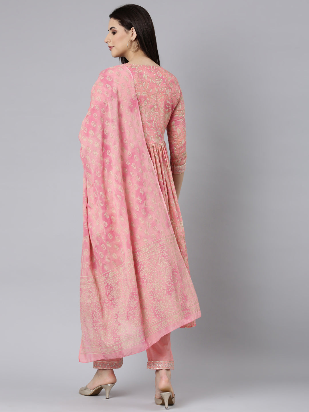 Neerus Coral Pleated Straight Floral Kurta And Trousers With Dupatta
