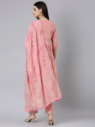 Neerus Coral Pleated Straight Floral Kurta And Trousers With Dupatta