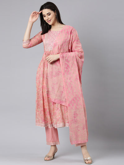 Neerus Coral Pleated Straight Floral Kurta And Trousers With Dupatta