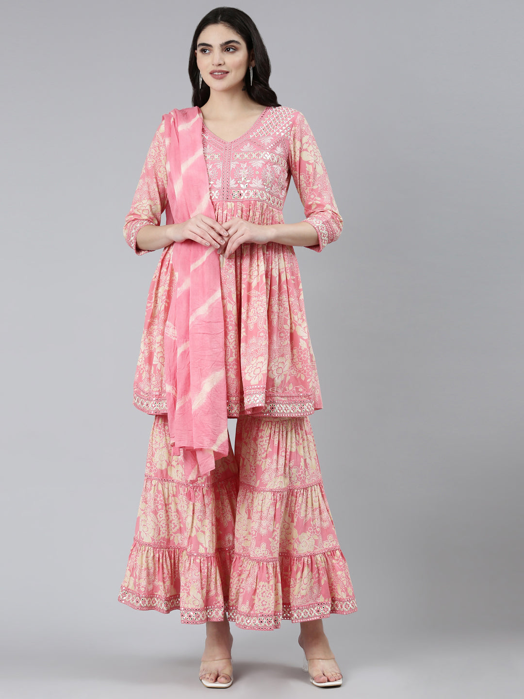 Neerus Pink floral printed kurta set with sharara - front view