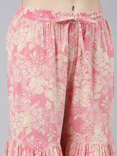 Neeru's Pink Pleated Straight Floral Kurta Sets And Sharara With Dupatta