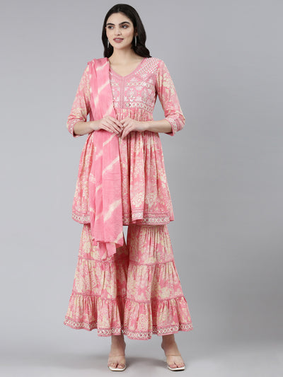 Neeru's Pink Pleated Straight Floral Kurta Sets And Sharara With Dupatta