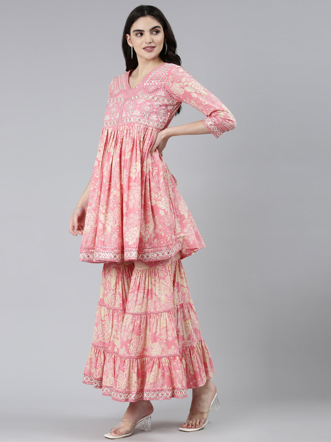 Neerus Pink floral printed kurta set with sharara - back view