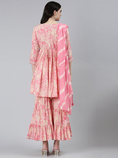Neeru's Pink Pleated Straight Floral Kurta Sets And Sharara With Dupatta