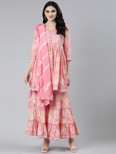 Neeru's Pink Pleated Straight Floral Kurta Sets And Sharara With Dupatta