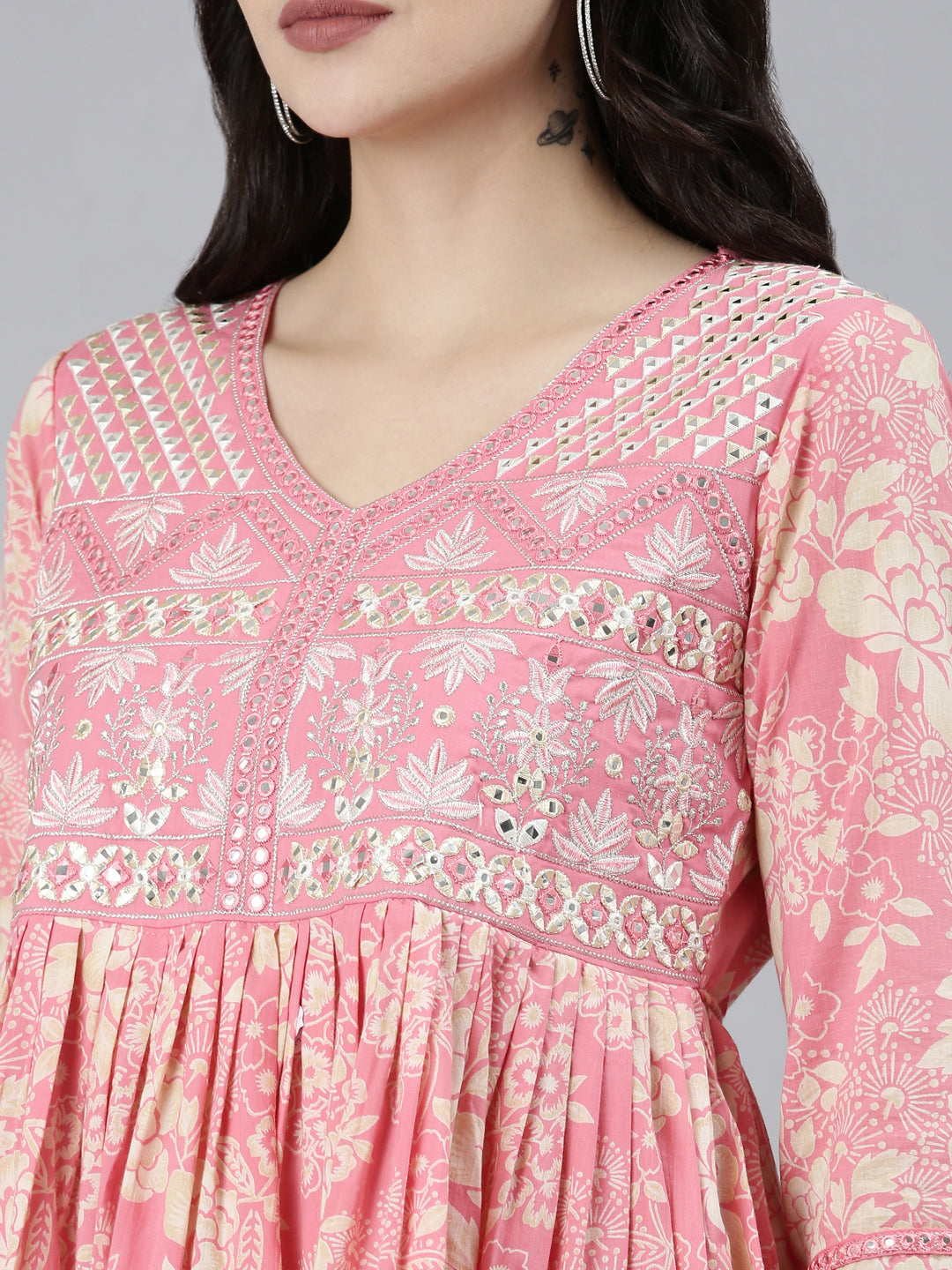 Neerus Pink floral printed kurta set with sharara - detail view 1