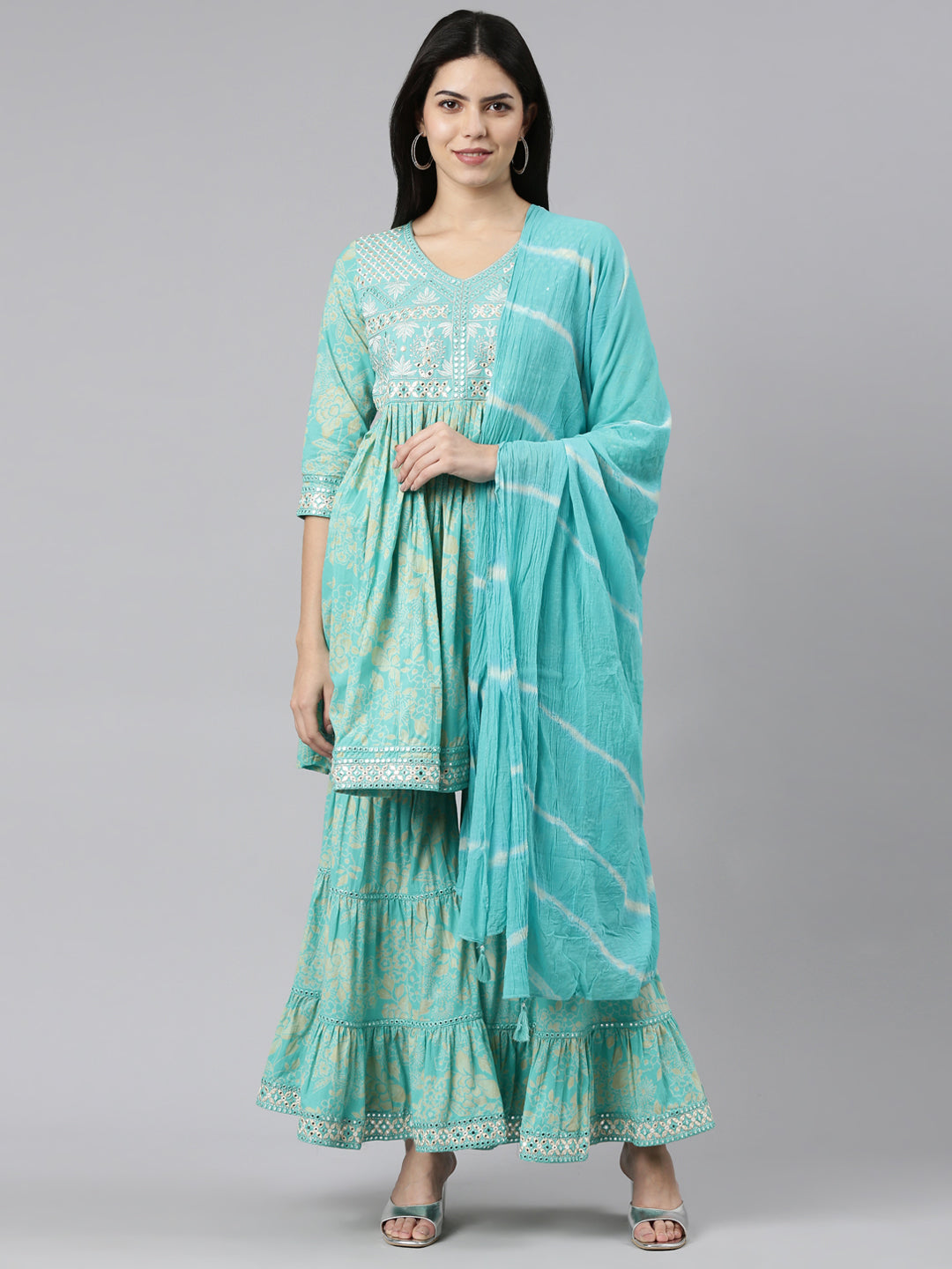 Neerus Green printed sharara set with dupatta - front view