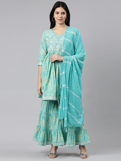Neeru's Sea Green Regular Straight Printed Kurta And Sharara With Dupatta
