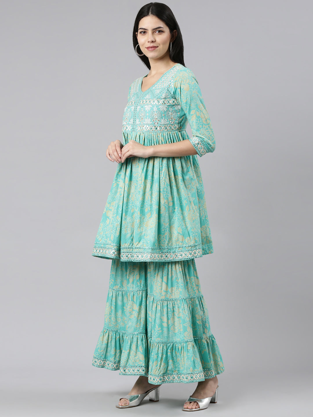 Neerus Green printed sharara set with dupatta - back view