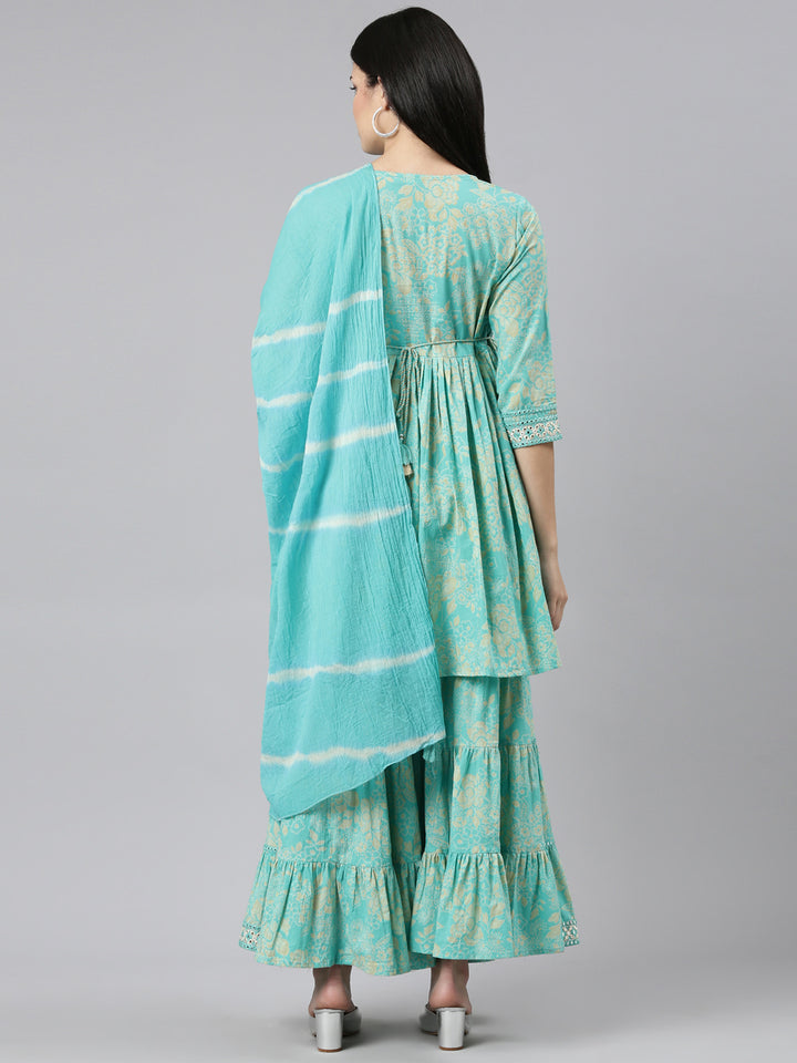 Neerus Green printed sharara set with dupatta - side view