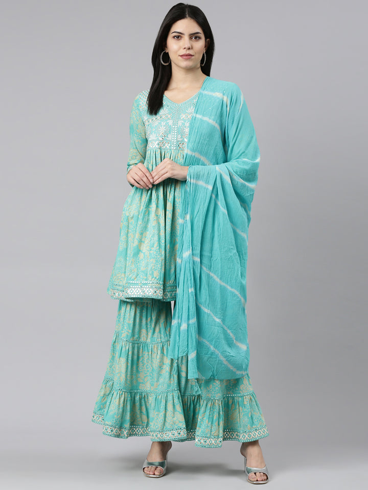 Neerus Green printed sharara set with dupatta - detail view 2