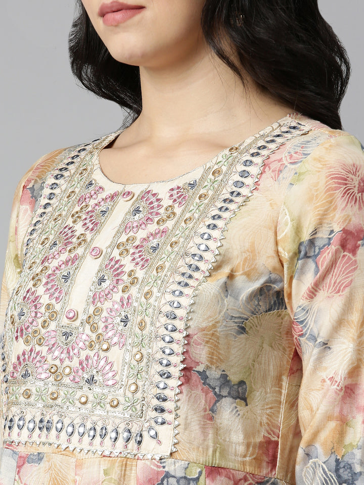 Neerus Beige Regular Straight Printed Readymade Suits