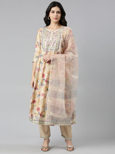 Neeru's Beige Regular Straight Printed Readymade Suits