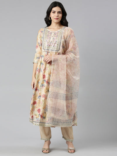 Neeru's Beige Regular Straight Printed Kurta And Trousers With Dupatta