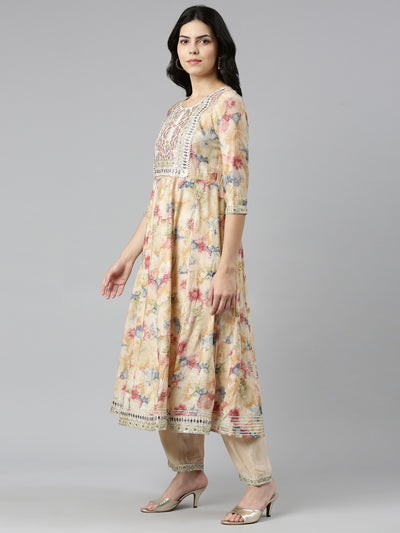Neeru's Beige Regular Straight Printed Readymade Suits