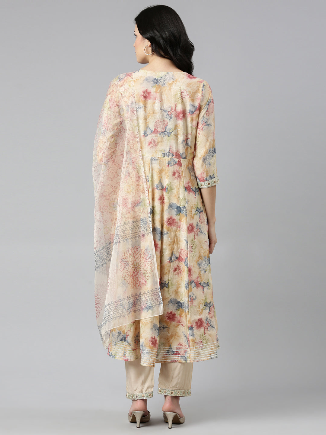 Neeru's Beige Regular Straight Printed Kurta And Trousers With Dupatta