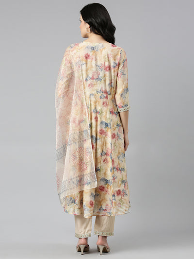 Neeru's Beige Regular Straight Printed Readymade Suits