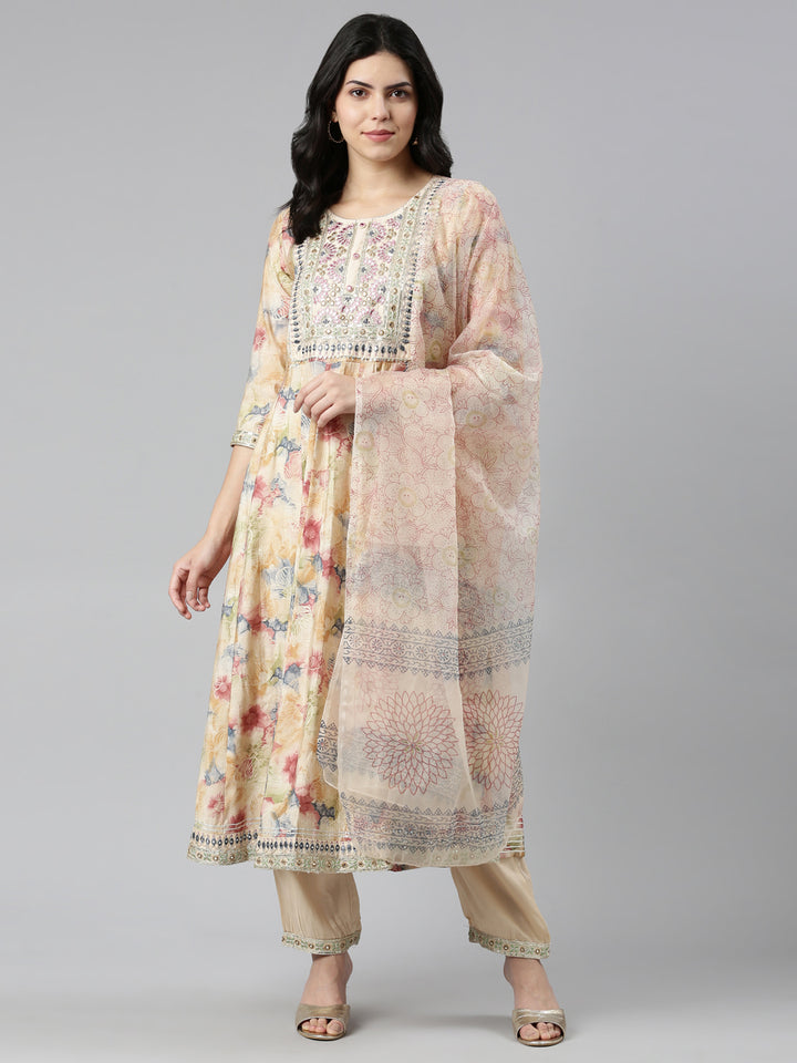 Neerus Beige Regular Straight Printed Readymade Suits