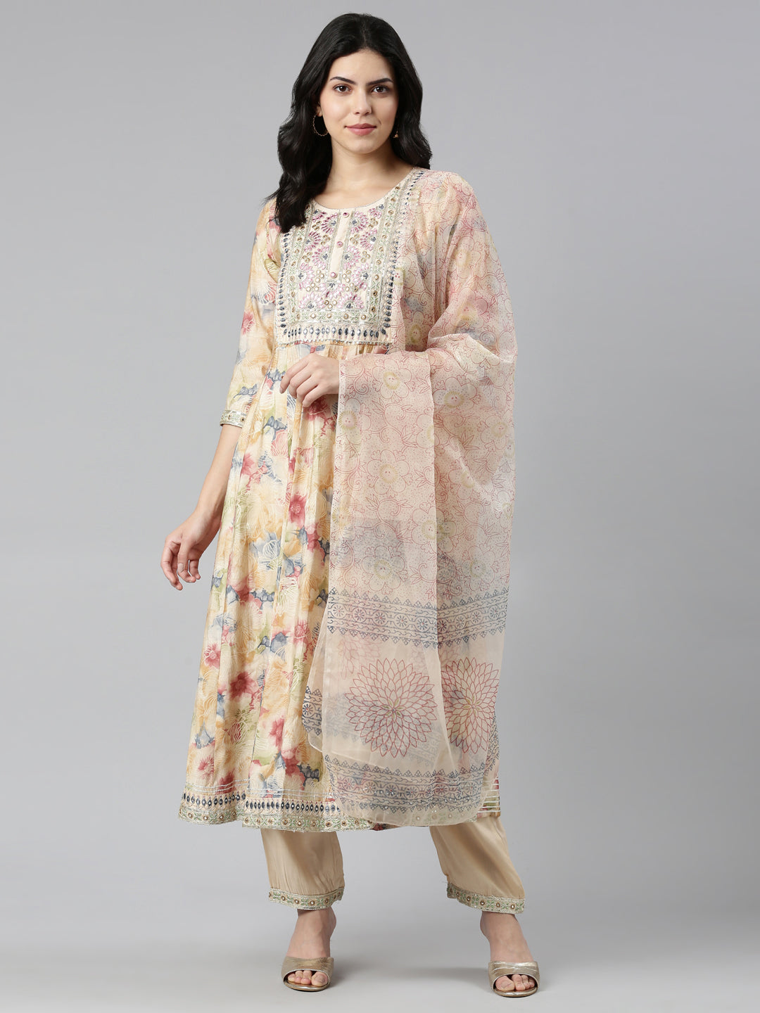 Neeru's Beige Regular Straight Printed Kurta And Trousers With Dupatta