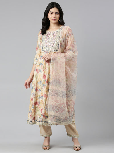 Neeru's Beige Regular Straight Printed Kurta And Trousers With Dupatta