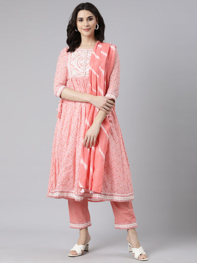 Neerus Coral Regular Flared Floral Kurta And  Trousers With Dupatta